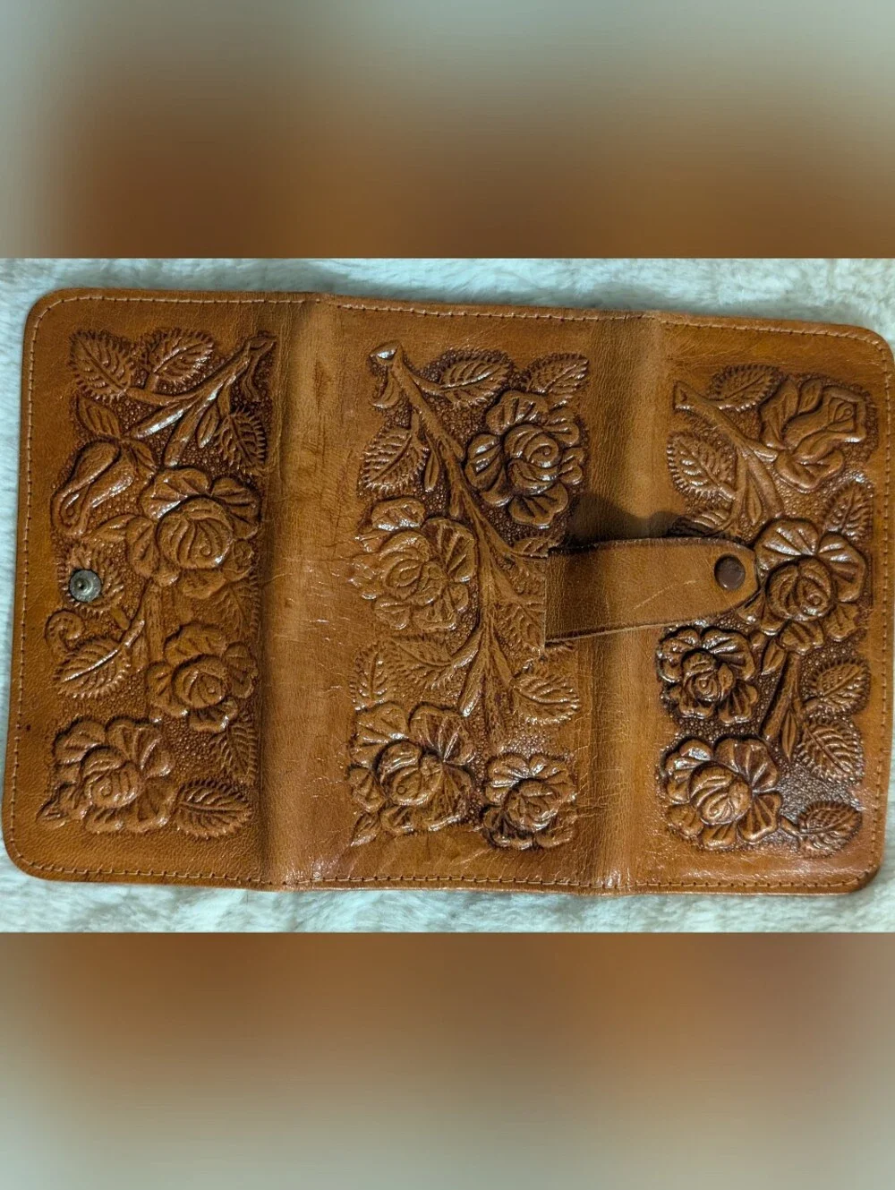 Embossed Floral Genuine Leather Wallet - Brown